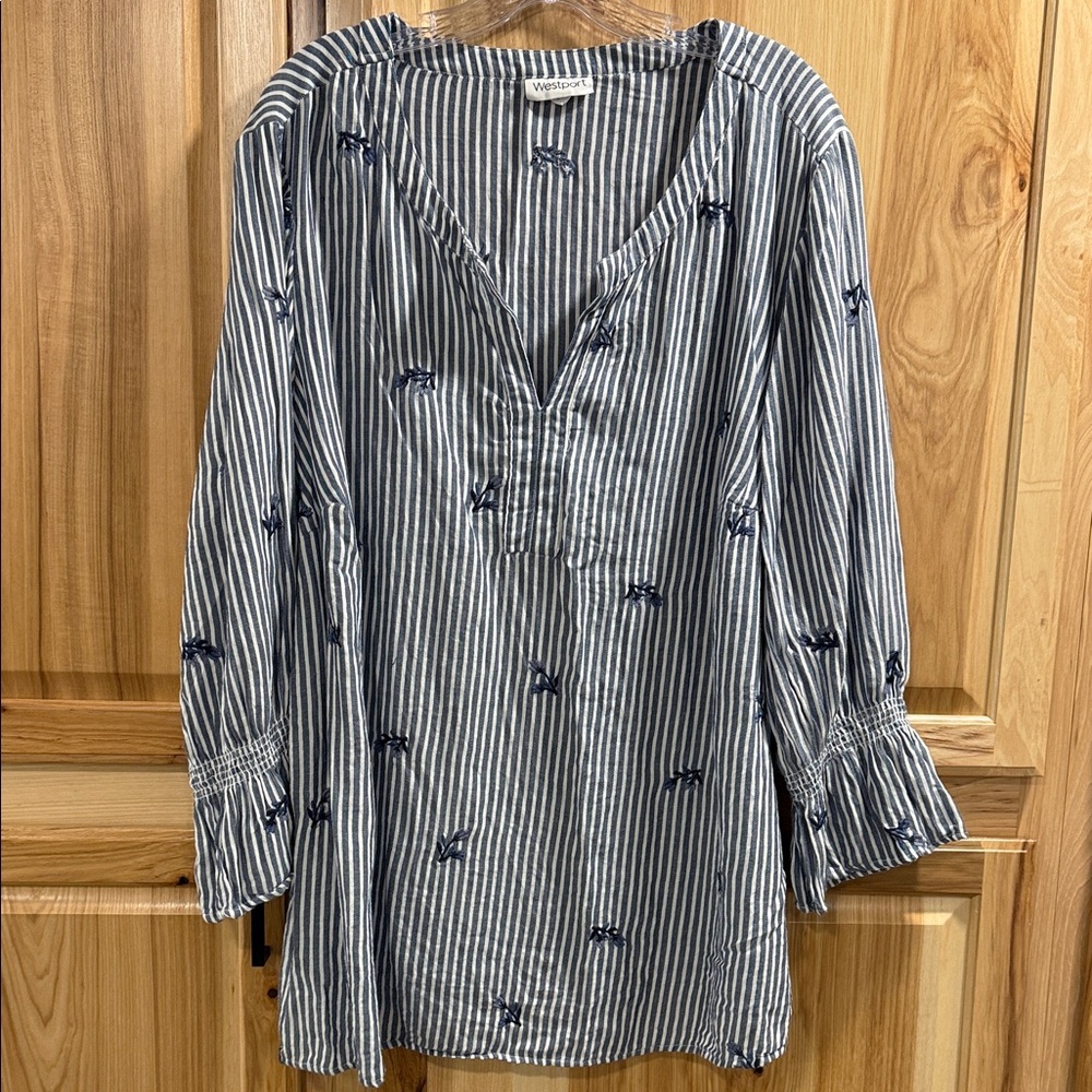 Westport Blue & White Cotton Striped Tunic with Navy Floral Embroidery Sz 3X